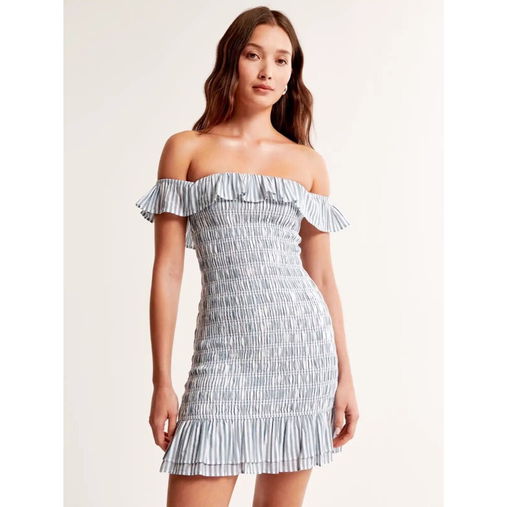 Abercrombie & Fitch Off-The-Shoulder Smocked Mini Dress Blue White LP NWT $90